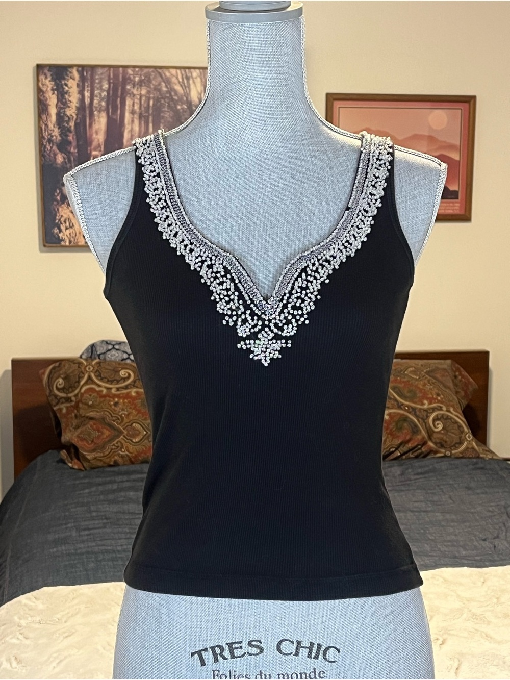 Vintage Forever 21 Black Beaded V Tank Ribbed Cotton Stretch